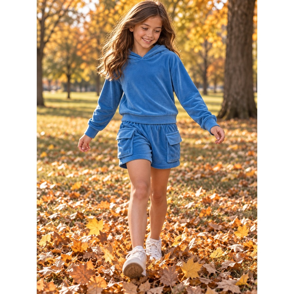 90 Degree by Reflex Girls Velour Sydney Hoodie and Cargo Shorts Set Blue S 7-8